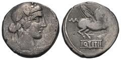 RÖMER, REPUBLIK Q. Titius 90 v. Chr., Denar 90 v. Chr., Rom. Av.: Kopf des Liber mit Efeukranz nach rechts. Rv.: Pegasus nach rechts, im Abschnitt Q TITI. 3,54 g. Crawford: 341/2; Sear: 239. Fast sehr
