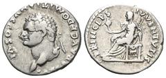 RÖMER, KAISERZEIT Domitianus als Caesar (69-81), Denar 79, Rom. Av.: CAESAR AVG F DOMITIANVS COS VI, belorbeerter Kopf nach links. Rv.: PRINCEPS IVVENTVTIS, Vesta mit Palladium und Zepter nach links s