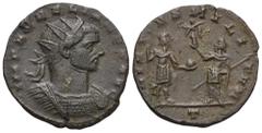 RÖMER, KAISERZEIT Aurelianus (270-275), Antoninian 271-272, Mediolanum. Av.: IMP AVRELIANVS AVG, gepanzerte Büste mit Strahlenkrone nach rechts. Rv.: VIRTVS MILITVM // T, Kaiser mit Speer und Globus n