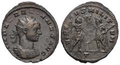 RÖMER, KAISERZEIT Aurelianus (270-275), Antoninian 271-272, Mediolanum. Av.: IMP AVRELIANVS AVG, gepanzerte Büste mit Strahlenkrone nach rechts. Rv.: VIR-TVS MILITVM // T, Kaiser rechts mit Globus und