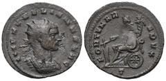 RÖMER, KAISERZEIT Aurelianus (270-275), Antoninian 274-275, Mediolanum. Av.: IMP AVRELIANVS AVG, gepanzerte Büste mit Strahlenkrone nach rechts. Rv.: FORTVNA R-EDVX // T, Fortuna im langen Gewand nach