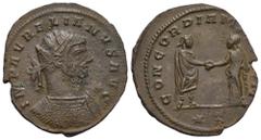 RÖMER, KAISERZEIT Aurelianus (270-275), Antoninian 272-274, Siscia. Av.: IMP AVRELIANVS AVG, gepanzerte Büste mit Strahlenkrone nach rechts. Rv.: CONCORDIA MILITVM // ✱T, Kaiser in Toga und Concordia 