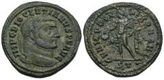 RÖMER, KAISERZEIT Diocletianus (284-305), Follis 298-299, Ticinum. Av.: IMP C DIOCLETIANVS PF AVG, belorbeerter Kopf nach rechts. Rv.: GENIO POPV-LI ROMANI // ST•, Genius nach links stehend, hält Pate
