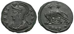 RÖMER, KAISERZEIT Constantinus I. (306-337), Follis 333-336, Heraclea Thraciae. Av.: VRBS - ROMA, behelmte und drapierte Büste der Roma nach links. Rv.: SMHB*, Lupa Romana säugt Romulus und Remus, dar