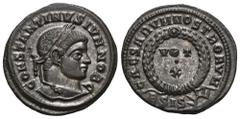 RÖMER, KAISERZEIT Constantinus II. als Caesar (317-337), Follis 321-324, Siscia. Av.: CONSTANTINVS IVN NOB C, belorbeerter Kopf nach rechts. Rv.: CAESARVM NOSTRORVM // BSIS (Sonnenstrahlen), im Lorbee