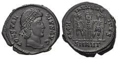 RÖMER, KAISERZEIT Constantius II. (337-361), Follis 337-341, Antiochia. Av.: CONSTANTIVS AVG, drapierte und gepanzerte Büste mit Perlendiadem nach rechts. Rv.: GLOR-IA EXERC-ITVS // SMANΓ, zwei Soldat
