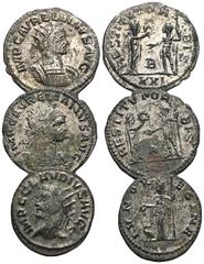 RÖMER, KAISERZEIT, LOTS Lot mit Antoninianen. 1.: Aurelianus (270-275), Antoninian, Antiochia. Rv.: RESTITVTOR-BIS, weibliche Figur überreicht Kranz dem Kaiser mit Stabzepter. 2.: Claudius II. Gothicu