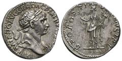 RÖMER, KAISERZEIT. Traianus 98-117, Denar 113-114, Rom. Av.: IMP TRAIANO AVG GER DAC P M TR P COS V P P, belorbeerter Kopf nach rechts. Rv.: SPQR OPTIMO PRINCIPI, Felicitas steht mit Caduceus und Füll