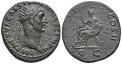 RÖMER, KAISERZEIT. Traianus 98-117, Dupondius 98-99, Rom. Av.: IMP NERVA CAES TRAIAN AVG GERM P M, Kopf mit Strahlenkrone nach rechts. Rv.: TR POT - COS II // S-C, Abundantia sitzt mit Zepter auf Füll
