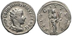 RÖMER, KAISERZEIT. Gordianus III. 238-244, Antoninian 243-244, Rom. Av.: IMP GORDIANVS PIVS FEL AVG, drapierte Büste mit Strahlenkrone nach rechts. Rv.: FELICIT TEMP, Felicitas mit Caduceus und Füllho