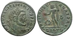 RÖMER, KAISERZEIT. Licinius I. 308-324, Follis 312, Thessaloniki. Av.: IMP C VAL LICINIVS P F AVG, belorbeerter Kopf nach rechts. Rv.: IOVI CONSE-RVATORI // B // SM•TS•, Jupiter nach links mit Globus 
