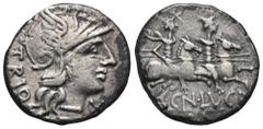 RÖMER, REPUBLIK L. Lucretius Trio 136 v. Chr., Denar 136 v. Chr., Rom. Av.: TRIO, Kopf der Roma nach rechts, davor X. Rv.: CN•LVCR / ROMA, Dioskuren mit Lanzen und Sternen über den Köpfen nach rechts 