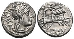 RÖMER, REPUBLIK M. Porcius Laeca 125 v. Chr., Denar 125 v. Chr., Rom. Av.: Behelmter Kopf der Roma nach rechts, dahinter LAECA, davor Stern. Rv.: M•PORC / ROMA, Libertas mit Stab und Pileus in Quadrig