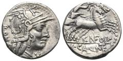 RÖMER, REPUBLIK M. Calidius, Q. Caecilius Metellus Nepos und Cn. Fulvius 117/116 v. Chr., Denar 117/116 v. Chr., Rom. Av.: ROMA, Kopf der Roma mit Greifenhelm nach rechts, davor X. Rv.: CN FOLV / M CA