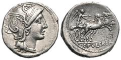RÖMER, REPUBLIK C. Claudius Pulcher 110/109 v. Chr., Denar 110/109 v. Chr., Rom. Av.: Kopf der Roma mit Greifenhelm nach rechts. Rv.: Victoria in Biga nach rechts, im Abschnitt C•PVLCHER. 3,92 g. Craw