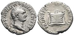 RÖMER, KAISERZEIT Domitianus als Caesar 69-81, Denar 80-81, Rom. Av.: CAESAR DIVI F DOMITIANVS COS VII, belorbeerter Kopf nach rechts. Rv.: PRINCEPS IVVENTVTIS, Altar. 2,35 g. RIC II: 266; Cohen: 215.