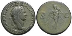 RÖMER, KAISERZEIT Domitianus 81-96, Sesterz 81, Lugdunum. Av.: IMP DOMITIAN CAES DIVI VESP F AVG PM TR P P P COS VII, belorbeerter Kopf nach rechts. Rv.: S-C, Mars mit Lanze und Tropaeum nach rechts s