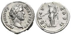 RÖMER, KAISERZEIT Antoninus Pius 138-161, Denar 139, Rom. Av.: ANTONINVS AVG PIVS P P, belorbeerter Kopf nach rechts. Rv.: TR POT COS II, Fortuna mit Ruder und Füllhorn nach links stehend. 3,42 g. RIC