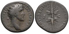 RÖMER, KAISERZEIT Antoninus Pius 138-161, Dupondius 140-144, Rom. Av.: ANTONINVS AVG PI-VS P P TR P COS III, Kopf mit Strahlenkrone nach rechts. Rv.: PROVIDENTI-AE DEORVM / S-C, Blitzbündel. 10,90 g. 
