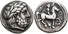 GRIECHEN, MACEDONIA. Könige von Makedonien, Philippos II. 359-336 v. Chr., Tetradrachme ca, 323/2-316/5 v. Chr., Amphipolis. Av.: Zeuskopf mit Lorbeerkranz nach rechts. Rv.: ΦΙΛΙΠ−ΠΟΥ, Reiter mit Zwei