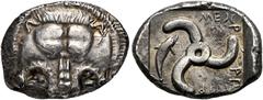 GRIECHEN, LYCIA. Lykische Dynasten, Mithrapata 390-370 v. Chr., Stater ca. 390-370 v. Chr. Av.: Frontaler Löwenskalp. Rv.: MITHR-APA-TA (in Lykisch), Triskeles, im Feld Delfin. 9,86 g. SNG Aul.: 4241;