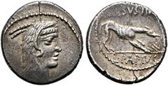 RÖMER, REPUBLIK. L. Papius Celsus 45 v. Chr., Denar 45 v. Chr., Rom. Av.: Kopf der Juno Sospita nach rechts. Rv.: L·PAPIVS / CELSVS·III·VIR, ein Wolf legt einen Stock in ein Feuer, dem ein Adler Luft 