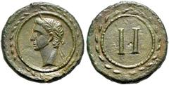 RÖMER, KAISERZEIT. Augustus 27 v. Chr.-14 n. Chr., Tessera, Rom. Av.: Belorbeerter Kopf nach links, das Ganze in Linienkreis und Lorbeerkranz: Rv.: Römische Wertziffer II in Perlkreis und Lorbeerkranz
