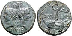 RÖMER, KAISERZEIT. Augustus 27 v. Chr.-14 n. Chr., Dupondius 9-3 v. Chr., Nemausus. Av.: IMP // DIVI F, Kopf des Agrippa mit Corona Rostrata kombiniert mit Lorbeerkranz nach links und des Augustus mit