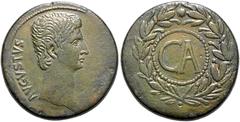 RÖMER, KAISERZEIT. Augustus 27 v. Chr.-14 n. Chr., Sesterz 27-23 v. Chr., Pergamon. Av.: AVGVSTVS, Kopf nach rechts. Rv.: CA im Lorbeerkranz. 22,35 g. RIC I: 501; BMCRE; 713; BN: 956; Cohen: 791. Etwa