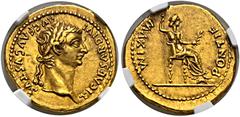 RÖMER, KAISERZEIT. Tiberius 14-37, Aureus 14-17, Lugdunum. Av.: TI CAESAR DIVI AVG F AVGVSTVS, Kopf mit Lorbeerkranz nach rechts. Rv.: PONTIF MAXIM, Livia als Iustitia sitzt mit Zepter und Zweig nach 
