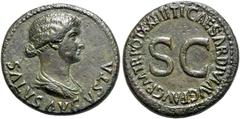 RÖMER, KAISERZEIT. Livia +29 n. Chr., unter Tiberius, Dupondius 22-23, Rom. Av.: SALVS AVGVSTA, drapierte Büste der Livia als Salus Augusta nach rechts. Rv.: TI CAESAR DIVI AVG F AVG P M TR POT XXIIII