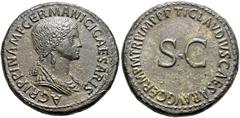 RÖMER, KAISERZEIT. Agrippina Maior +33 n. Chr., unter Claudius, Sesterz 41, Rom. Av.: AGRIPPINA M F GERMANICI CAESARIS, drapierte Büste nach rechts. Rv.: TI CLAVDIVS CAESAR AVG GERM P M TR P IMP P P u