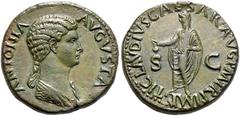 RÖMER, KAISERZEIT. Antonia Minor +37 n. Chr., Dupondius 41-50, Rom. Av.: ANTONIA AVGVSTA, drapierte Büste mit herabhängendem Zopf nach rechts. Rv.: TI CLAVDIVS CAESAR AVG P M TR P IMP, Claudius in Tog