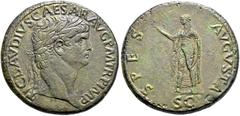 RÖMER, KAISERZEIT. Claudius 41-54, Sesterz 50-54, Rom. Av.: TI CLAVDIVS CAESAR AVG P M TR P IMP P P, belorbeerter Kopf nach rechts. Rv.: SPES AVGVSTA // S-C, Spes in archaischem Stil mit Blume und das