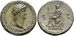 RÖMER, KAISERZEIT. Nero 54-68, Sesterz 65, Rom. Av.: NERO CLAVD CAESAR AVG GER P M TR P IMP P P, belorbeerter Kopf nach rechts. Rv.: ROMA // S-C, Roma mit Victoriola und Parazonium sitzt nach links au