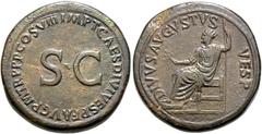 RÖMER, KAISERZEIT. Vespasianus 69-79, Konsekrationsprägungen, Sesterz 80-81, Rom. Av.: IMP T CAES DIVI VESP F AVG P M TR P P P COS VIII um S•C. Rv.: DIVVS AVGVSTVS VESP, Vespasian sitzt mit Zweig und 