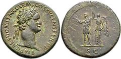 RÖMER, KAISERZEIT. Domitianus 81-96, Sesterz 90-91, Rom. Av.: IMP CAES DOMIT AVG GERM COS XV CENS PER PP, belorbeerter Kopf nach rechts. Rv.: S-C, Domitian mit Lanze und Blitzbündel nach links stehend