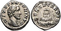 RÖMER, KAISERZEIT. Antoninus Pius 138-161, Konsekrationsprägungen, Denar 161, Rom. Av.: DIVVS ANTONINVS, Kopf nach rechts. Rv.: CONSECRATIO, Scheiterhaufen verziert mit Statuen und Girlanden, auf der 