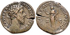 RÖMER, KAISERZEIT. Marcus Aurelius 161-180, Sesterz 179, Rom. Av.: M AVREL ANTONI-NVS AVG TR P XXXIII, belorbeerter Kopf nach rechts. Rv.: FELICITAS AVG IMP X COS III P P // S-C, Felicitas mit Caduceu