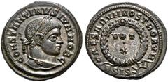 RÖMER, KAISERZEIT. Constantinus II. als Caesar 317-337, Follis 321-324, Siscia. Av.: CONSTANTINVS IVN NOB C, belorbeerter Kopf nach rechts. Rv.: CAESARVM NOSTRORVM // BSIS (Sonnenstrahlen), im Lorbeer