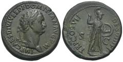 RÖMER, KAISERZEIT. Domitianus als Caesar 69-81, Sesterz 81, Rom. Av.: IMP CAES DIVI VESP F DOMITIAN AVG P M, belorbeerter Kopf nach rechts. Rv.: TR P COS VII DES VIII P P, Minerva mit Speer und Schild