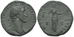 RÖMER, KAISERZEIT. Antoninus Pius 138-161, Sesterz 153-154, Rom. Av.: ANTONINVS AVG PI-VS P P TR P XVII, belorbeerter Kopf nach rechts. Rv.: LIBERTAS COS III // S-C, Libertas mit Pileus nach rechts. 2