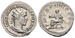 RÖMER, KAISERZEIT. Philippus I. Arabs 244-249, Antoninian 245, Rom. Av.: IMP M IVL PHILIPPVS AVG, gepanzerte und drapierte Büste mit Strahlenkrone nach rechts. Rv.: P M TR P II COS P P, Kaiser sitzt a