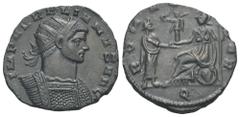 RÖMER, KAISERZEIT. Aurelianus 270-275, Antoninian 271-272, Mediolanum. Av.: IMP AVRELIANVS AVG, gepanzerte Büste mit Strahlenkrone nach rechts. Rv.: ROMAE AETERNAE // Q, auf einem Schild nach links si