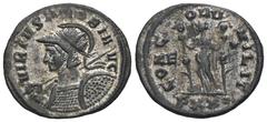 RÖMER, KAISERZEIT. Probus 276-282, Antoninian 281, Ticinum, 9. Emission. Av.: VIRTVS PROBI INVICTI A-VG, gepanzerte Büste mit Helm, Strahlenkrone, Lanze und Schild nach links. Rv.: CONC-ORD MILIT // P