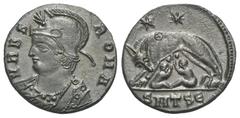RÖMER, KAISERZEIT. Constantinus I. 306-337, Follis 330-333, Thessaloniki. Av.: VRBS ROMA, behelmte und drapierte Büste der Roma nach links. Rv.: SMTSЄ, Lupa Romana säugt Romulus und Remus nach links, 