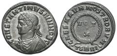 RÖMER, KAISERZEIT. Constantinus II. als Caesar 317-337, Follis 324, Thessaloniki. Av.: CONSTANTINVS IVN NOB C, gepanzerte, drapierte und belorbeerte Büste nach links. Rv.: CAESARVM NOSTRORVM // TSB VI