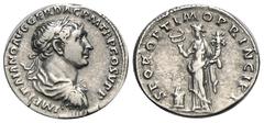RÖMER, KAISERZEIT. Traianus 98-117, Denar 106-107, Rom. Av.: IMP TRAIANO AVG GER DAC P M TR P COS V P P, belorbeerter Kopf nach rechts. Rv.: SPQR OPTIMO PRINCIPI, Felicitas steht mit Caduceus und Füll