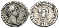 RÖMER, KAISERZEIT. Traianus 98-117, Denar 107-108, Rom. Av.: IMP TRAIANO AVG GER DAC P M TR P, belorbeerte und drapierte Büste nach rechts. Rv.: COS V P P SPQR OPTIMO PRINC, Tropaeum. 3,29 g. RIC II: 