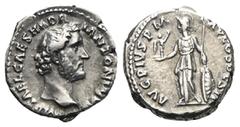 RÖMER, KAISERZEIT. Antoninus Pius 138-161, Denar 138, Rom. Av.: IMP T AEL CAES HADRI ANTONINVS, Kopf nach rechts. Rv.: AVG PIVS P M TR P COS DES II, Minerva steht mit Lanze, Schild und Victoriola, Kop